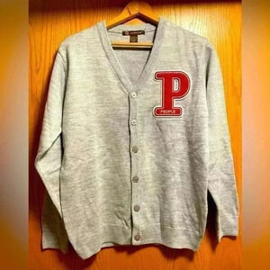 Vintage People Patch Letter Cardigan Gray Button Up Unisex Size Small